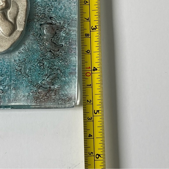 Fused Art Glass Wall Hanging Cherub Cupid Angel Plaque Blue Green 5.25” Square - Picture 15 of 16